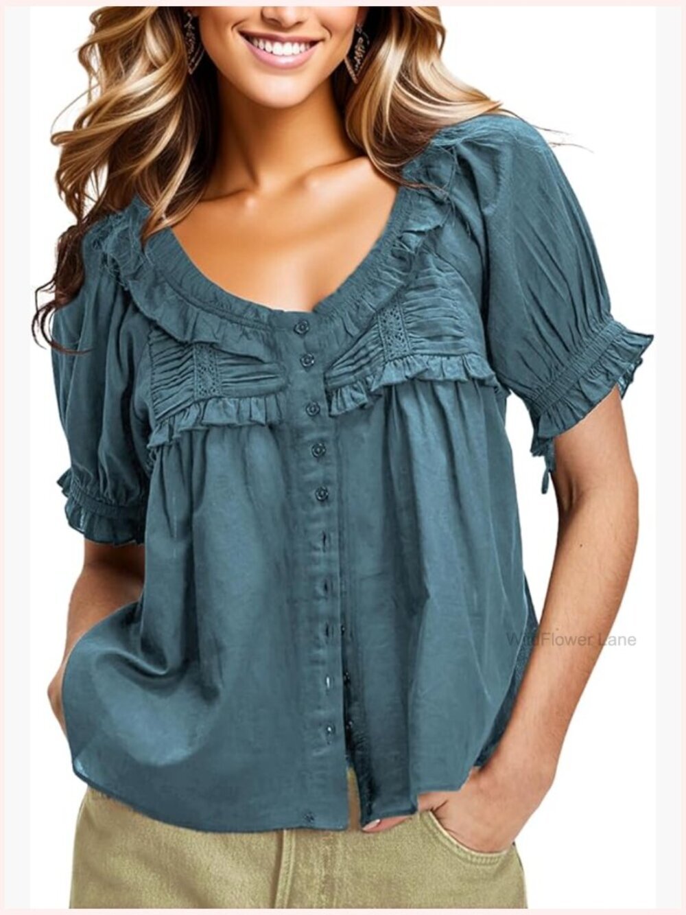 Women's 2025 Summer Trendy Ruffled Top Billowy Tunic Swing Blouse Puff Sleeve